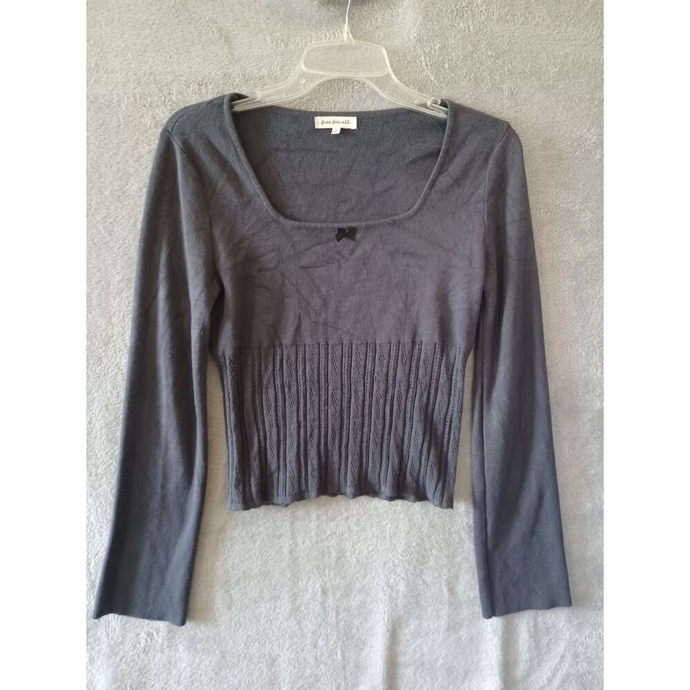 Free‎ For All XL Grey Long Sleeve Square Neck Crop Top Ribbed Waist Bow Detail